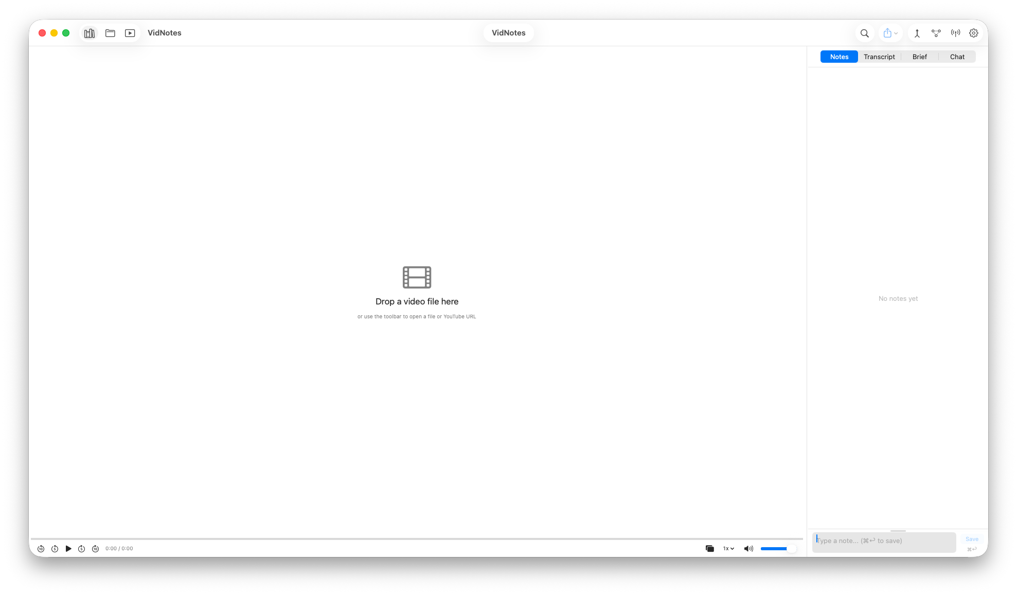 VidNotes main view ready for a dropped file