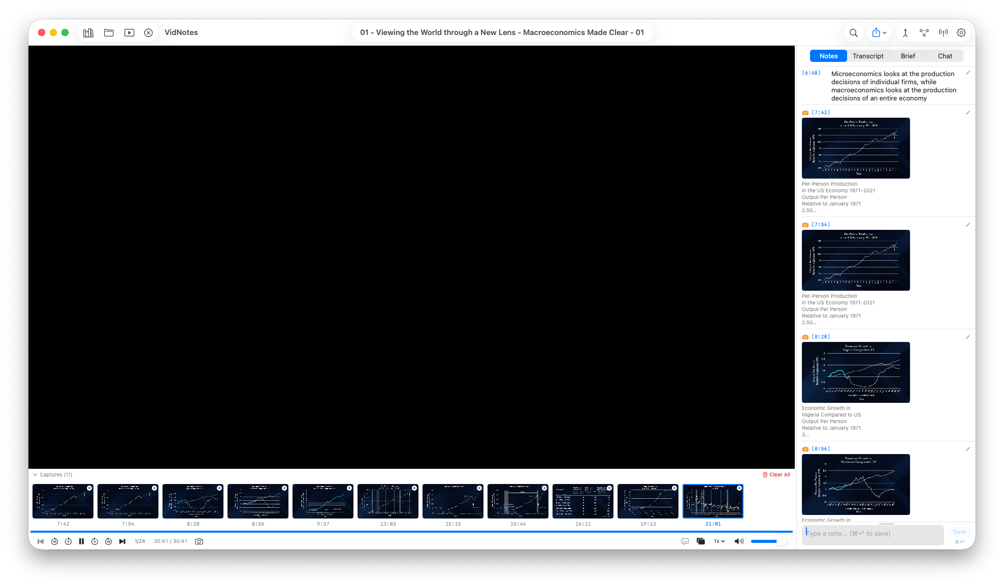 Transcript panel alongside a playing video