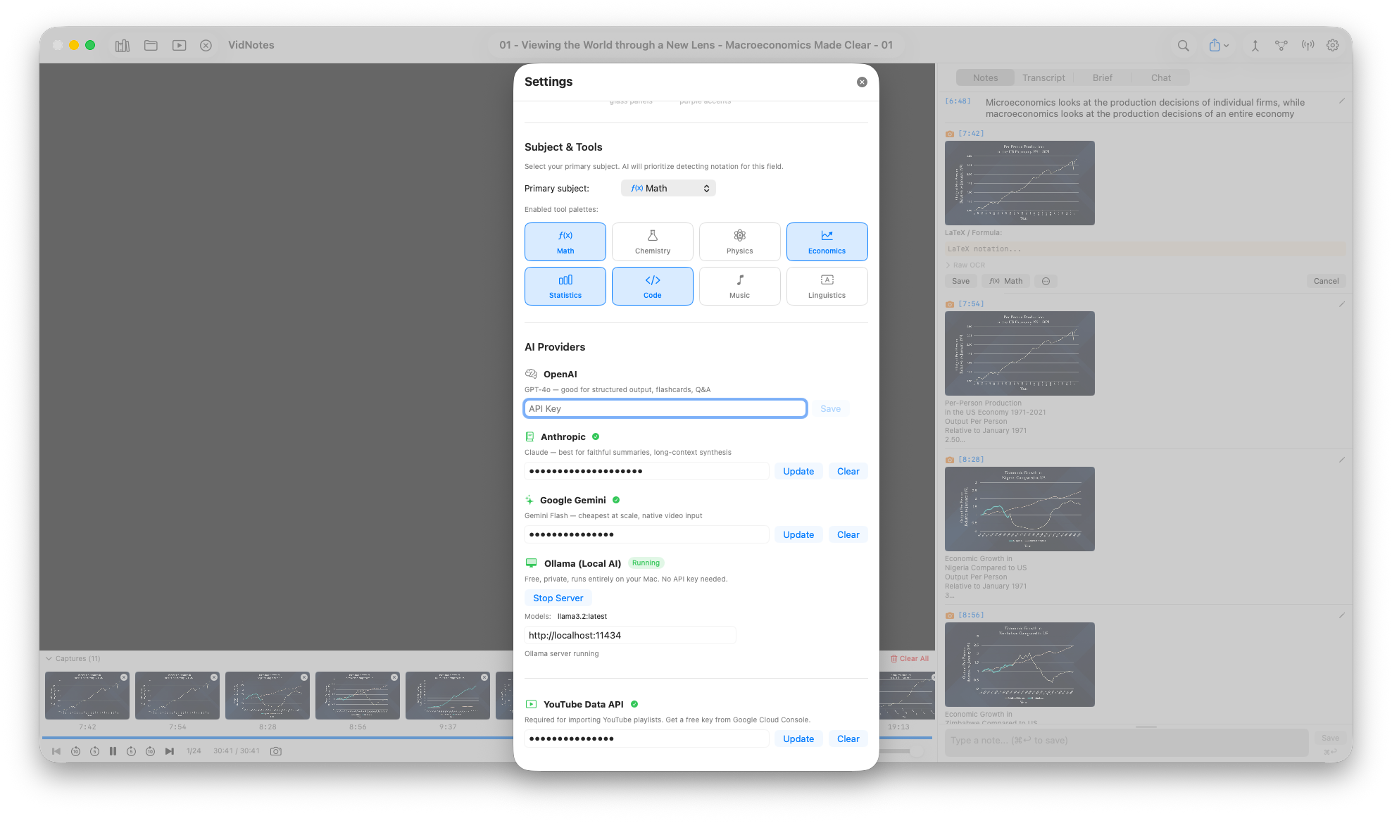 Settings with per-provider API keys